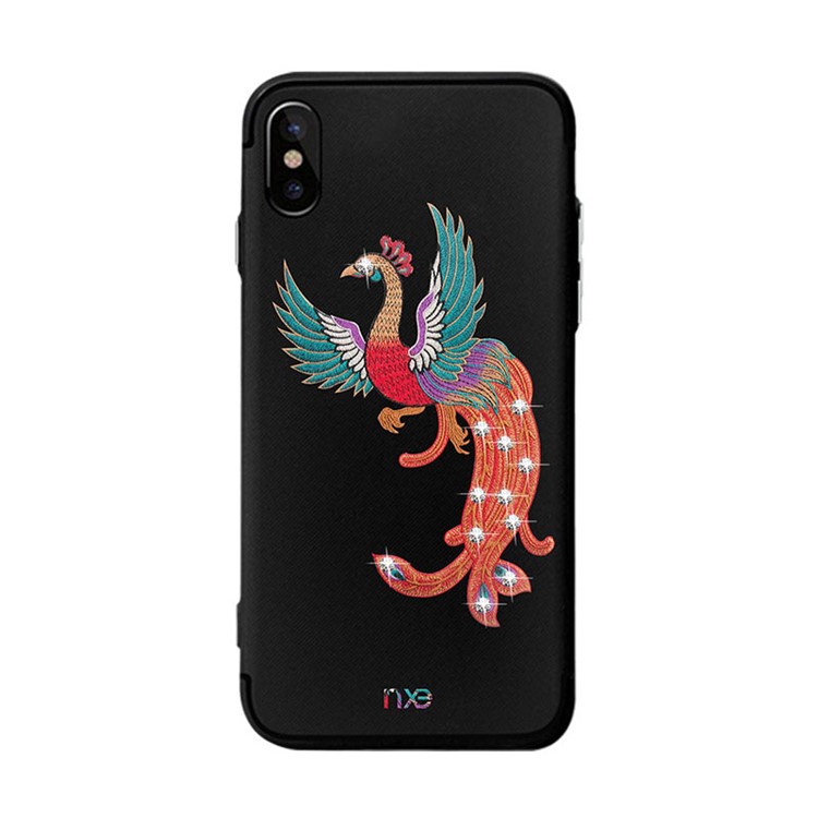 Rhinestone Decoration Embroidery Phoenix Pattern TPU Phone Case for iPhone X/10 - Green Wings-2