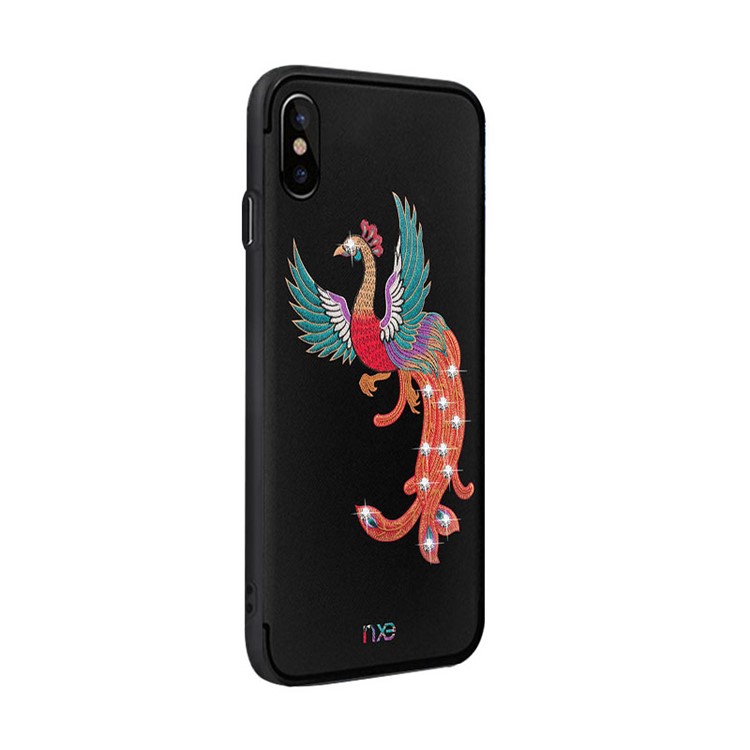 Rhinestone Decoration Embroidery Phoenix Pattern TPU Phone Case for iPhone X/10 - Green Wings-3