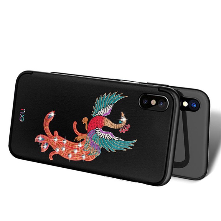 Rhinestone Decoration Embroidery Phoenix Pattern TPU Phone Case for iPhone X/10 - Green Wings-5