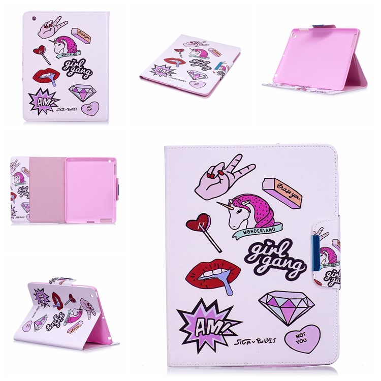 Patterned Leather Wallet Stand Smart Cover for iPad 4 / 3 / 2 - Girl Gang Elements-1