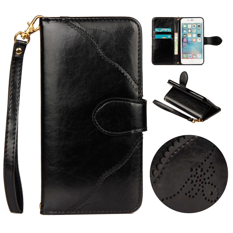Laser Carving Pattern Retro PU Leather Wallet Stand Case with Strap for iPhone 6S Plus/6 Plus - Black-1
