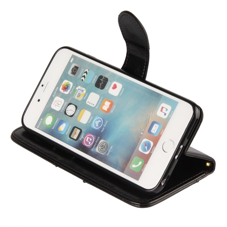 Laser Carving Pattern Retro PU Leather Wallet Stand Case with Strap for iPhone 6S Plus/6 Plus - Black-6