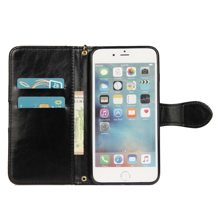 Laser Carving Pattern Retro PU Leather Wallet Stand Case with Strap for iPhone 6S Plus/6 Plus - Black-9