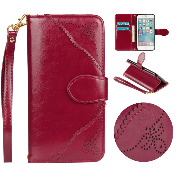 

Laser Carving Pattern Retro PU Leather Wallet Mobile Case with Strap for iPhone 6S Plus/6 Plus - Red
