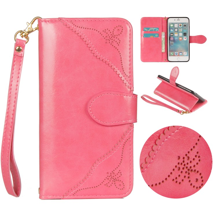 

For iPhone 6S Plus/6 Plus Laser Carving Pattern Retro PU Leather Wallet Stand Phone Case with Strap - Rose