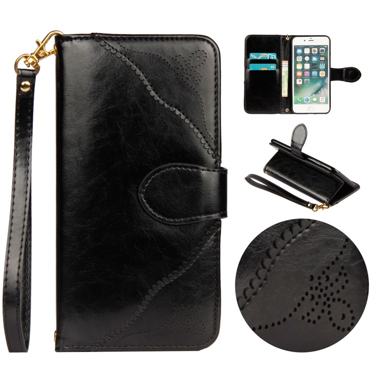 Retro Style Laser Carving Pattern Protective Flip Mobile Case Accessory with Strap for iPhone 8/7 4.7 inch - Black-1