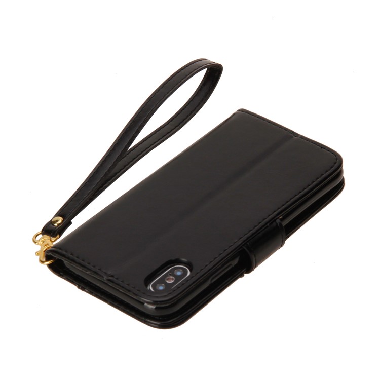 Laser Carving Pattern Retro PU Leather Wallet Mobile Casing with Strap for iPhone X - Black-10