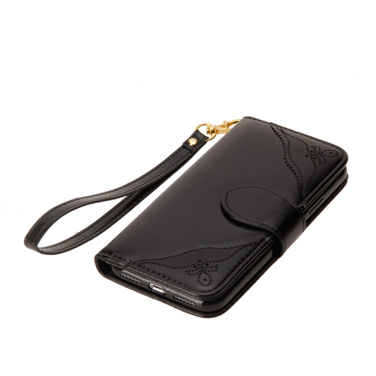 Laser Carving Pattern Retro PU Leather Wallet Mobile Casing with Strap for iPhone X - Black-11