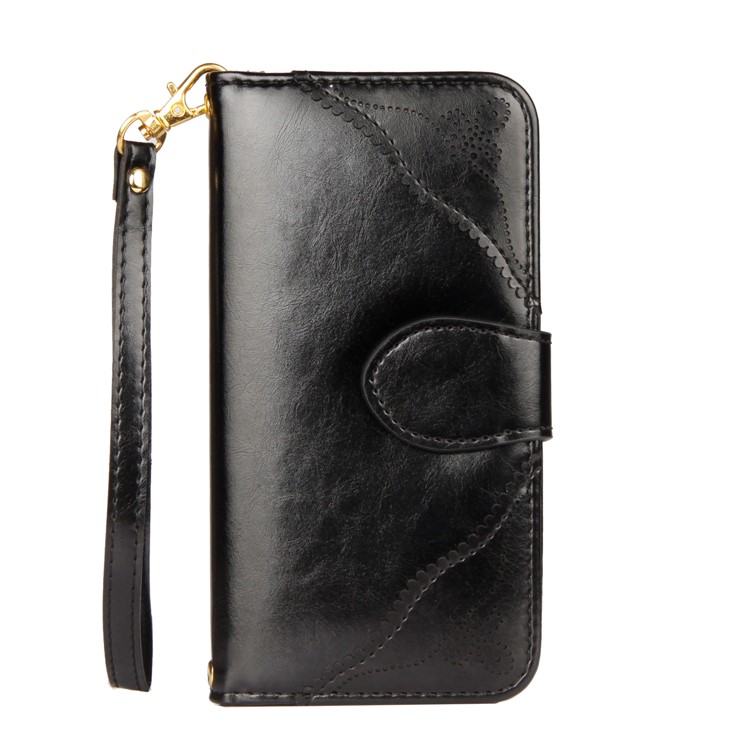 Laser Carving Pattern Retro PU Leather Wallet Mobile Casing with Strap for iPhone X - Black-2