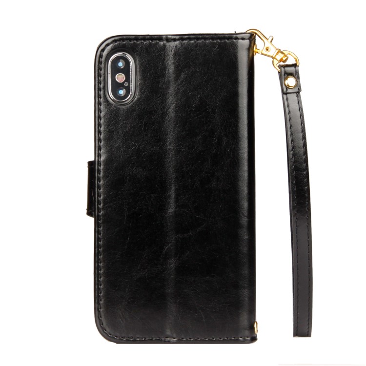 Laser Carving Pattern Retro PU Leather Wallet Mobile Casing with Strap for iPhone X - Black-3