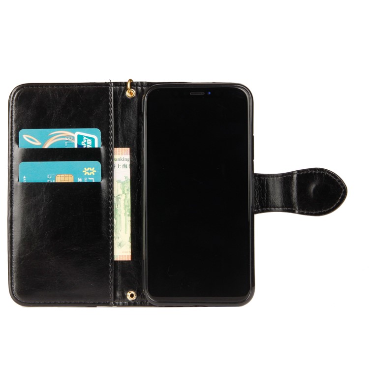 Laser Carving Pattern Retro PU Leather Wallet Mobile Casing with Strap for iPhone X - Black-4