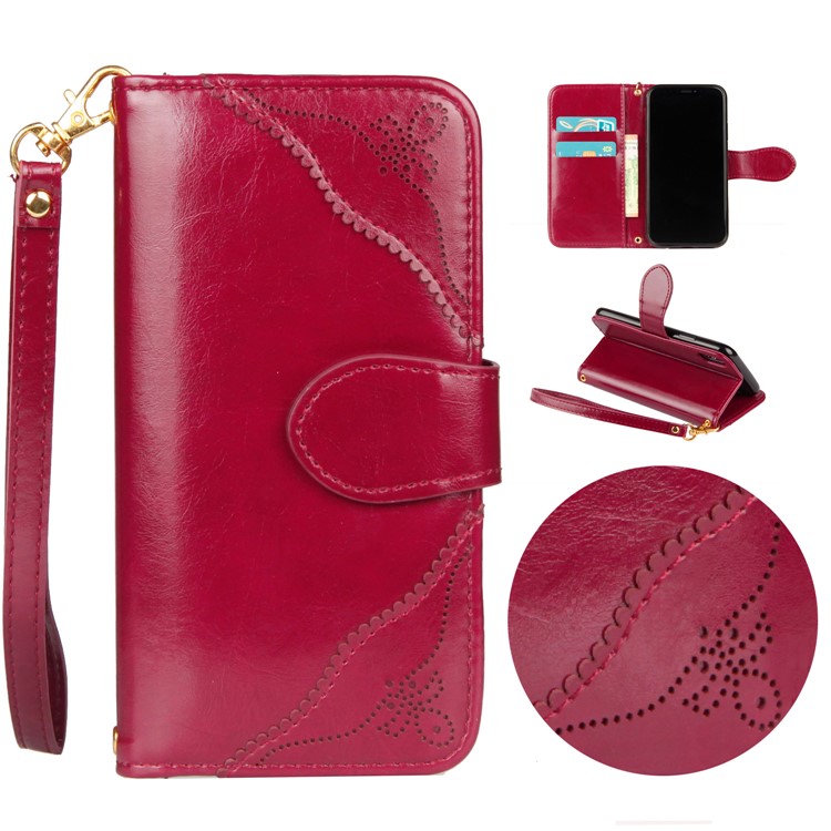 

Laser Carving Pattern Retro PU Leather Wallet Mobile Case with Strap for iPhone X - Red