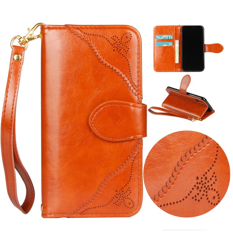 

Laser Carving Pattern Retro PU Leather Wallet Mobile Accessory Case with Strap for iPhone X - Brown