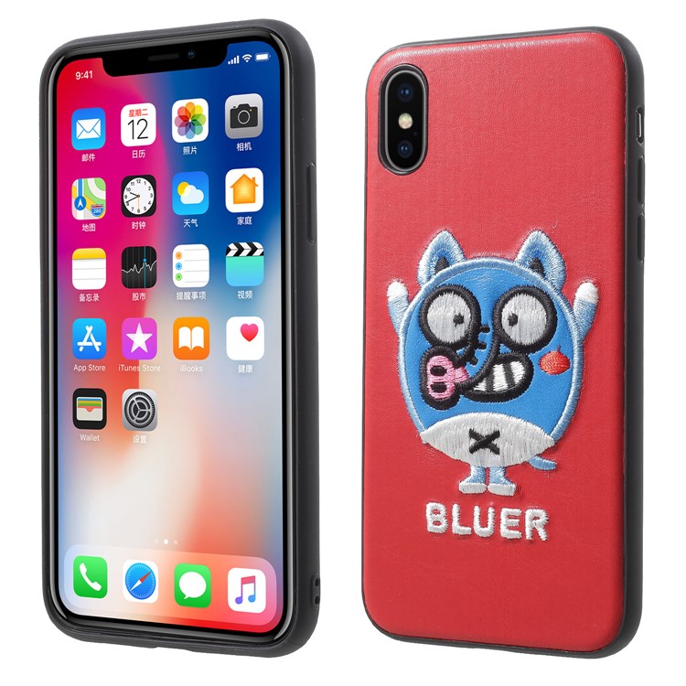 MFISH Embroidery Pattern PU Leather Coated PC TPU Hybrid Casing for iPhone X (Ten) - Bluer-1