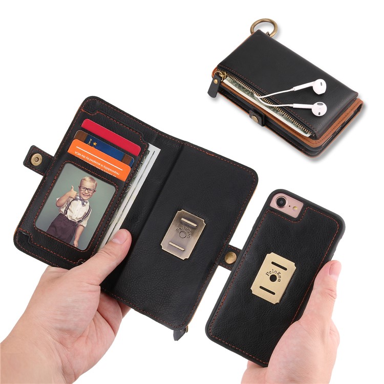 PELOGON for iPhone 8 / 7 4.7 inch Detachable 2-in-1 Phone Leather Wallet Case with Hanging Ring - Black-5