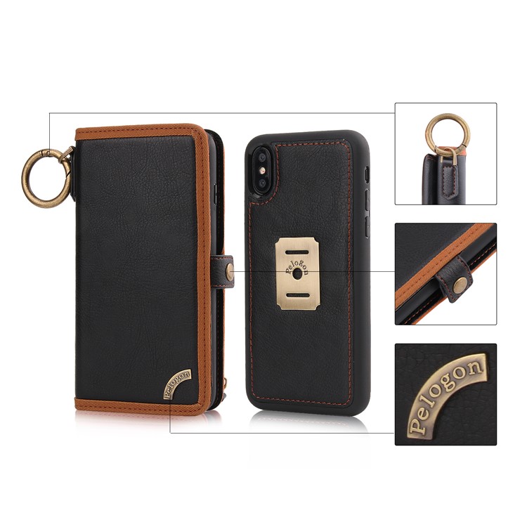 PELOGON for iPhone X(Ten) Detachable 2-in-1 Phone Leather Wallet Case with Hanging Ring - Black-1