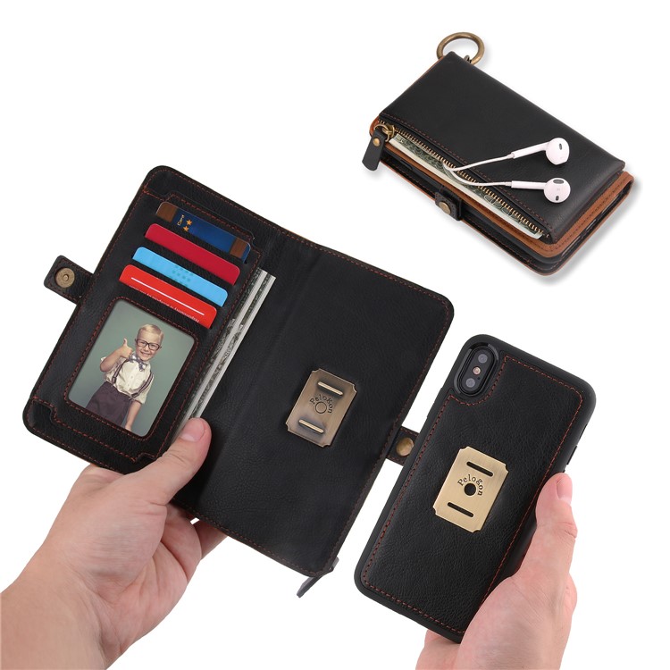 PELOGON for iPhone X(Ten) Detachable 2-in-1 Phone Leather Wallet Case with Hanging Ring - Black-5
