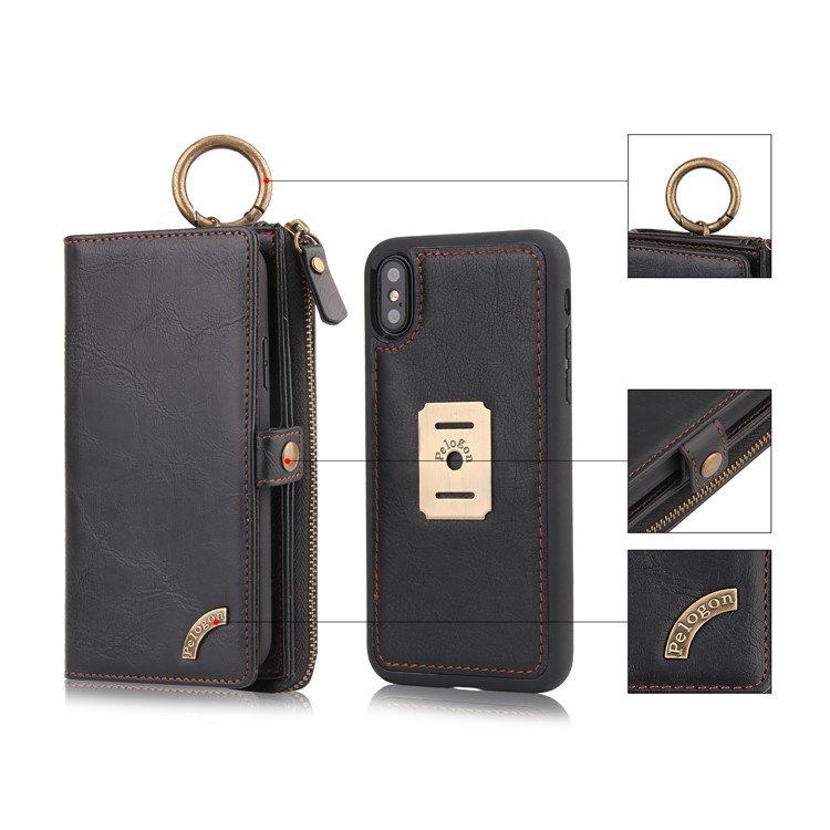 PELOGON Multi-functional Detachable 2-in-1 Business Zipper Leather Wallet Case for iPhone X - Black-1