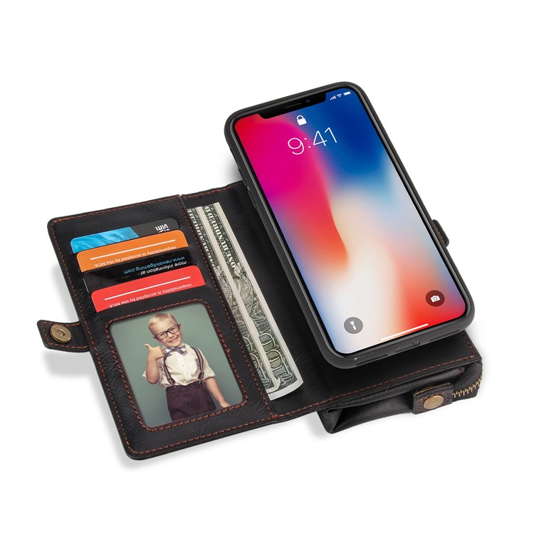 PELOGON Multi-functional Detachable 2-in-1 Business Zipper Leather Wallet Case for iPhone X - Black-3