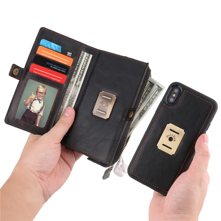 PELOGON Multi-functional Detachable 2-in-1 Business Zipper Leather Wallet Case for iPhone X - Black-5