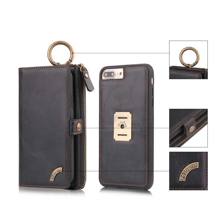 PELOGON Multi-functional Detachable 2-in-1 Business Zipper Leather Wallet Case for iPhone 8 Plus/7 Plus - Black-1