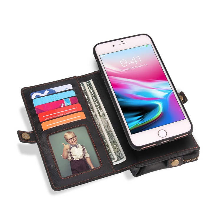 PELOGON Multi-functional Detachable 2-in-1 Business Zipper Leather Wallet Case for iPhone 8 Plus/7 Plus - Black-3