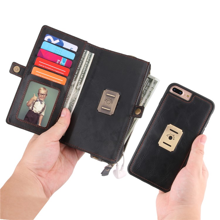 PELOGON Multi-functional Detachable 2-in-1 Business Zipper Leather Wallet Case for iPhone 8 Plus/7 Plus - Black-5
