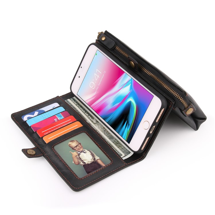 PELOGON Multi-functional Detachable 2-in-1 Business Zipper Leather Wallet Case for iPhone 8 Plus/7 Plus - Black-6