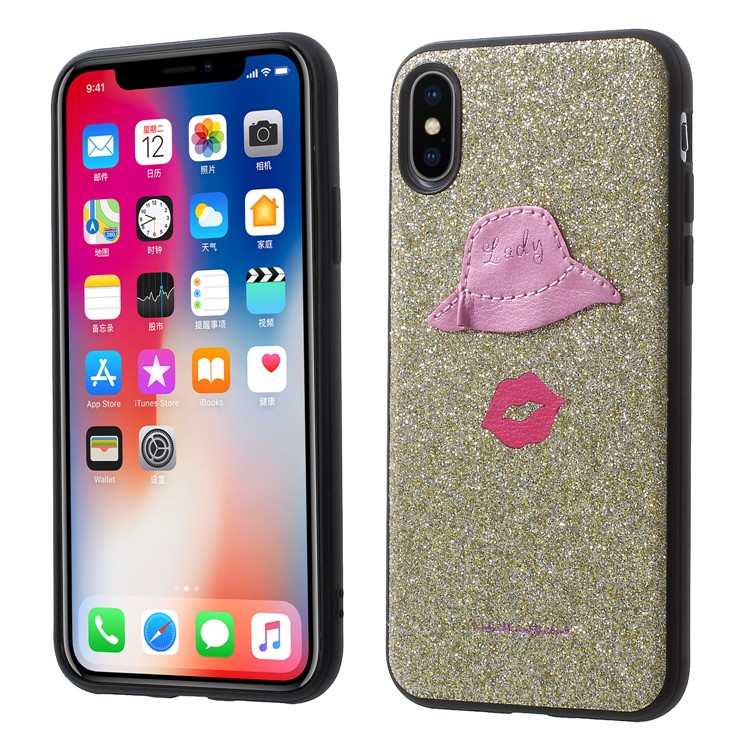 WUW Hat and Lips Pattern Bling Flash Powder PC + TPU Hybrid Case for iPhone X / 10 5.8 inch - Gold-1