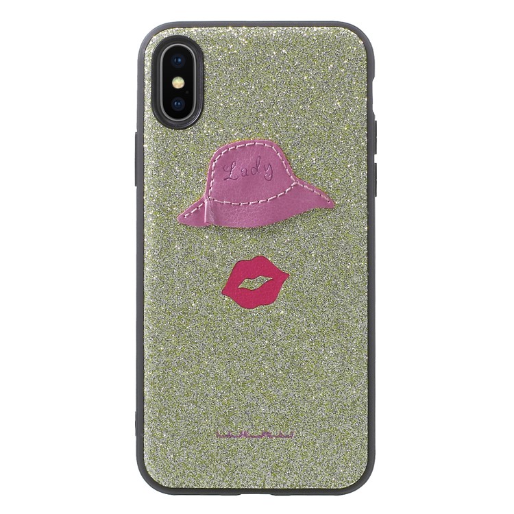 WUW Hat and Lips Pattern Bling Flash Powder PC + TPU Hybrid Case for iPhone X / 10 5.8 inch - Gold-2