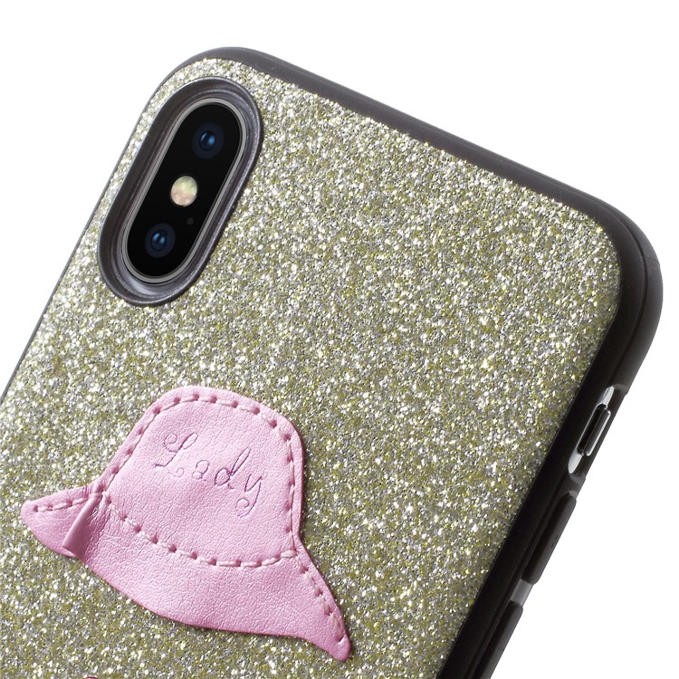 WUW Hat and Lips Pattern Bling Flash Powder PC + TPU Hybrid Case for iPhone X / 10 5.8 inch - Gold-4