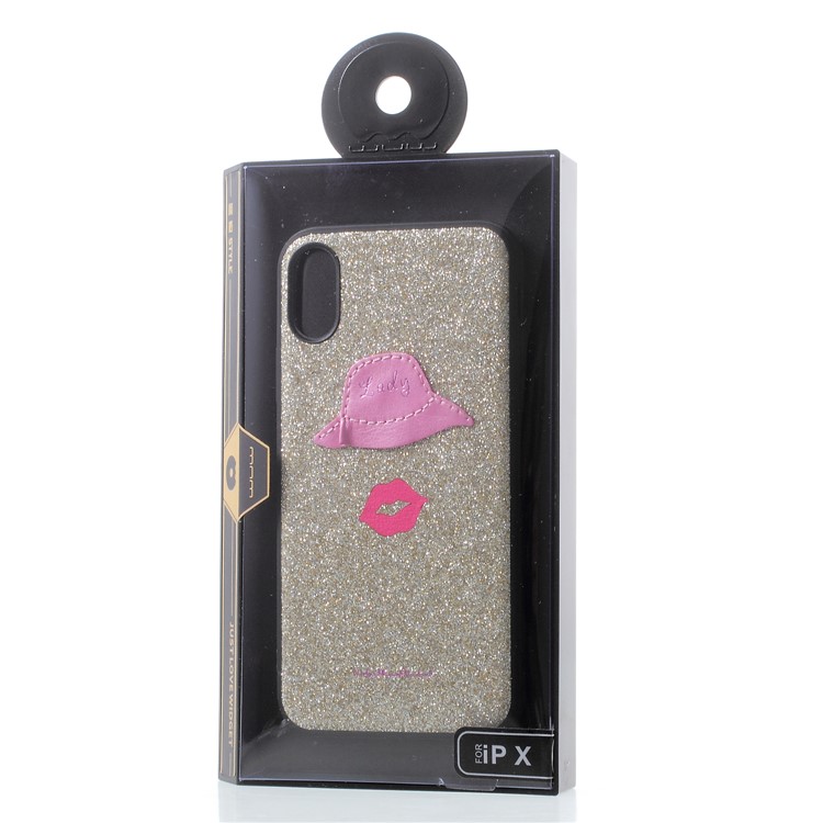 WUW Hat and Lips Pattern Bling Flash Powder PC + TPU Hybrid Case for iPhone X / 10 5.8 inch - Gold-6