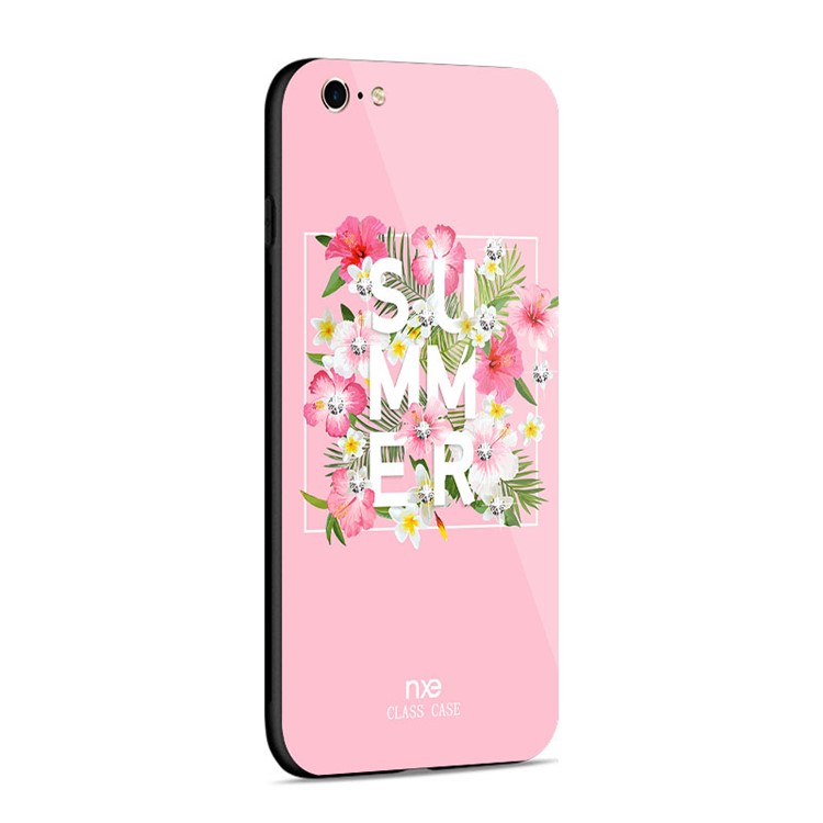 NXE Rhinestone Decor Pattern Printing Glass Case TPU + PC Hybrid Case for iPhone 6s / 6 - Summer Flowers / Rose-2