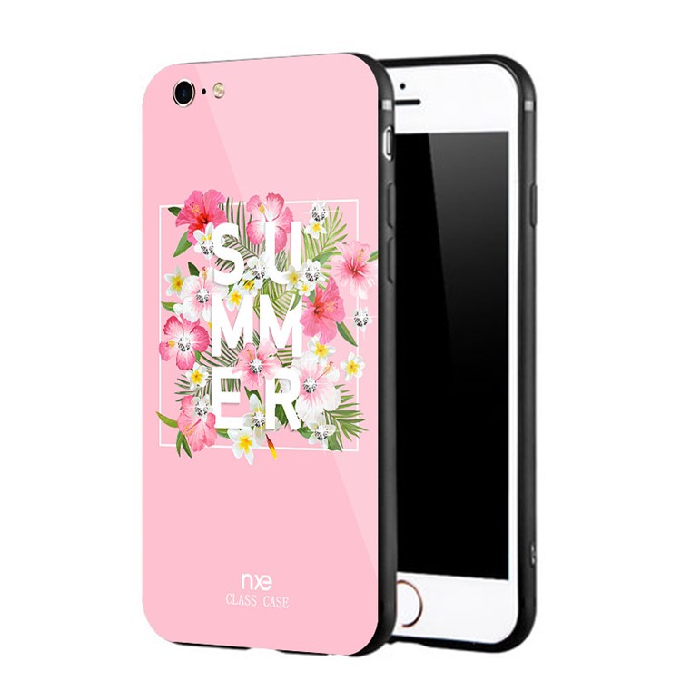 NXE Rhinestone Decor Pattern Printing Glass Case TPU + PC Hybrid Case for iPhone 6s / 6 - Summer Flowers / Rose-3