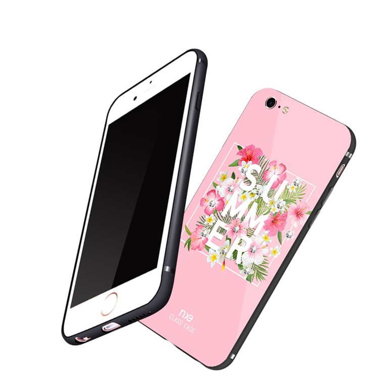 NXE Rhinestone Decor Pattern Printing Glass Case TPU + PC Hybrid Case for iPhone 6s / 6 - Summer Flowers / Rose-5