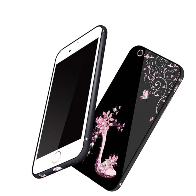 NXE Rhinestone High-heel Shoe Tempered Glass Back PC + TPU Hybrid Case for iPhone 6s Plus / 6 Plus - Pink-5