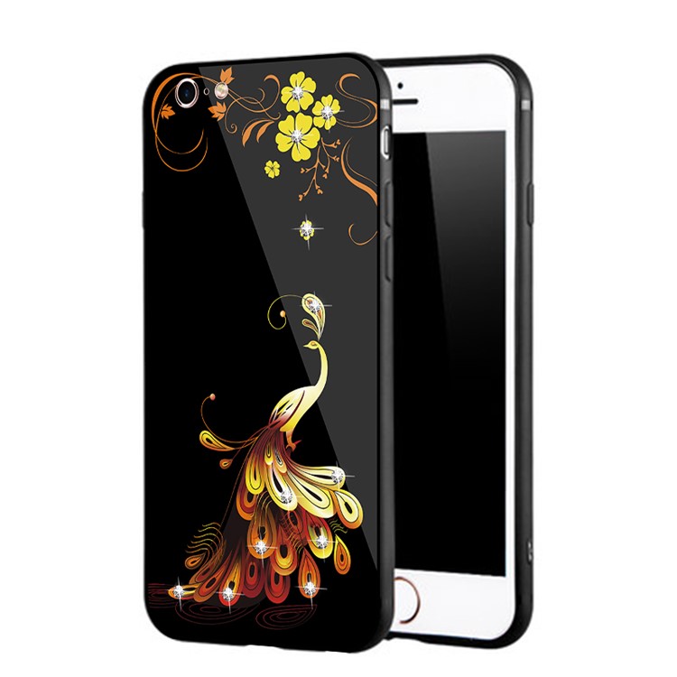 NXE Rhinestone Phoenix Flower Pattern 9H Glass Coated TPU + PC Hybrid Case for iPhone 6s 6 - Yellow-3