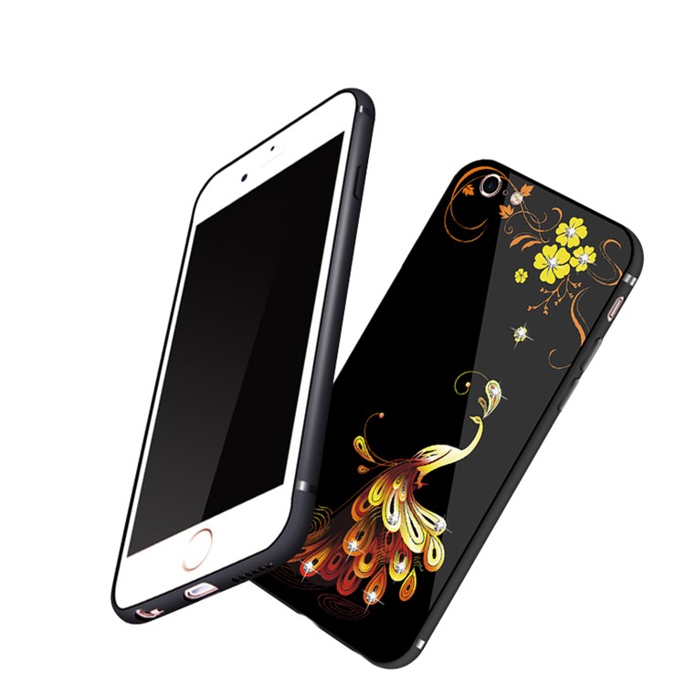 NXE Rhinestone Phoenix Flower Pattern 9H Glass Coated TPU + PC Hybrid Case for iPhone 6s 6 - Yellow-5