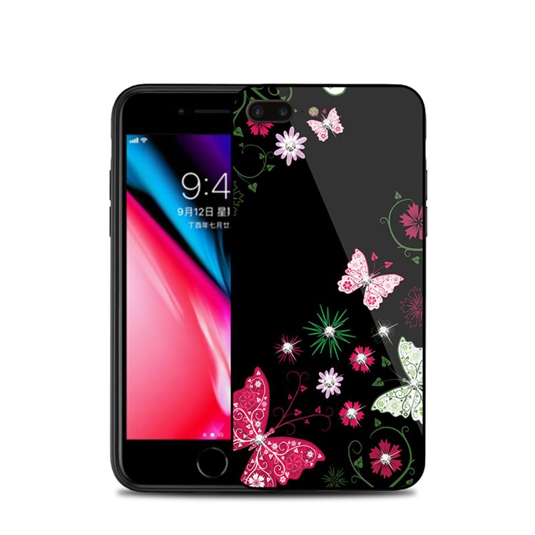 NXE Rhinestone Decor Patterned TPU + PC + Glass Case for iPhone 8 Plus / 7 Plus - Pretty Butterflies and Flowers-1