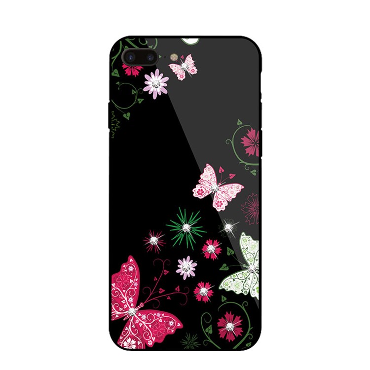 NXE Rhinestone Decor Patterned TPU + PC + Glass Case for iPhone 8 Plus / 7 Plus - Pretty Butterflies and Flowers-2