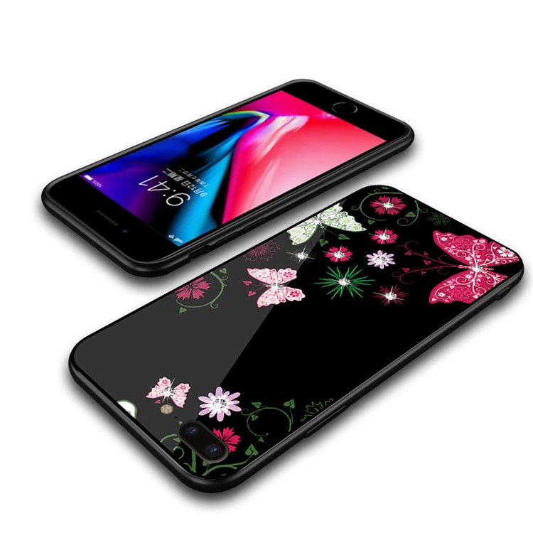 NXE Rhinestone Decor Patterned TPU + PC + Glass Case for iPhone 8 Plus / 7 Plus - Pretty Butterflies and Flowers-5