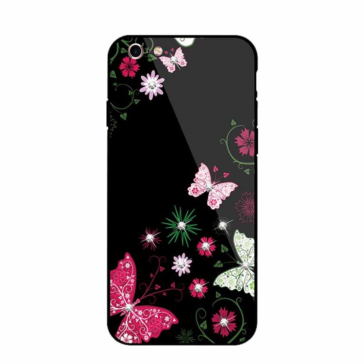 NXE Rhinestone Decor Patterned Glass Case TPU + PC Back Case for iPhone 6s / 6 - Pretty Butterflies and Flowers-2