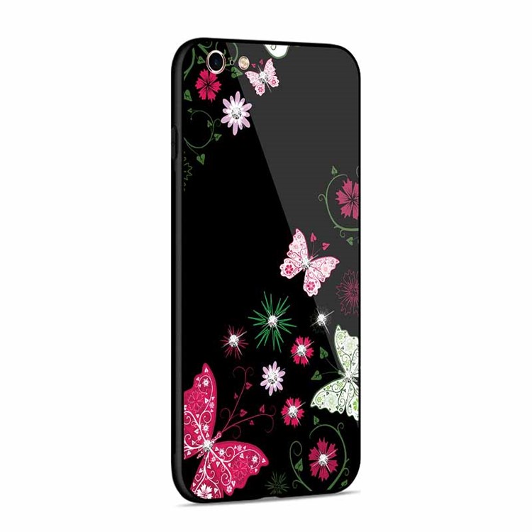 NXE Rhinestone Decor Patterned Glass Case TPU + PC Back Case for iPhone 6s / 6 - Pretty Butterflies and Flowers-3