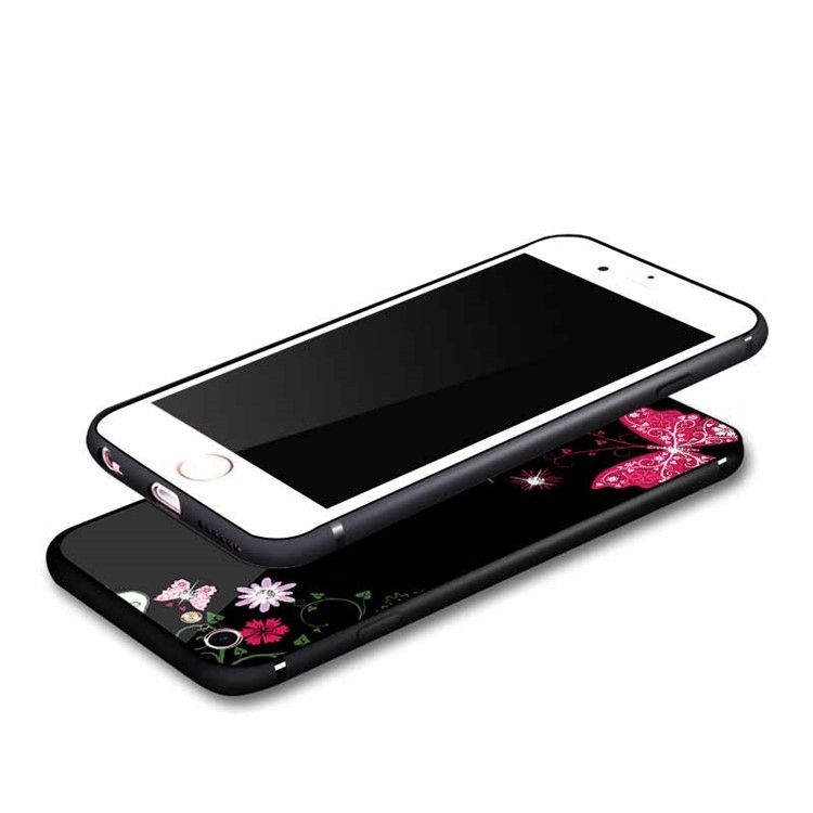 NXE Rhinestone Decor Patterned Glass Case TPU + PC Back Case for iPhone 6s / 6 - Pretty Butterflies and Flowers-4