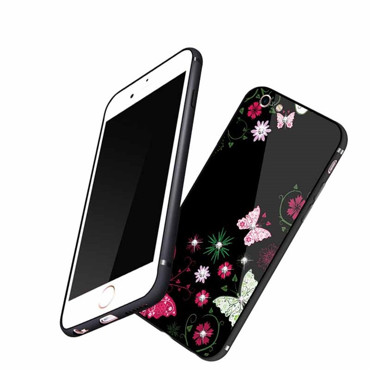 NXE Rhinestone Decor Patterned Glass Case TPU + PC Back Case for iPhone 6s / 6 - Pretty Butterflies and Flowers-5
