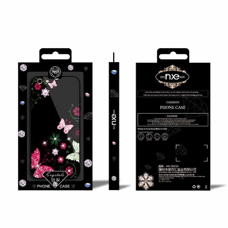 NXE Rhinestone Decor Patterned Glass Case TPU + PC Back Case for iPhone 6s / 6 - Pretty Butterflies and Flowers-6
