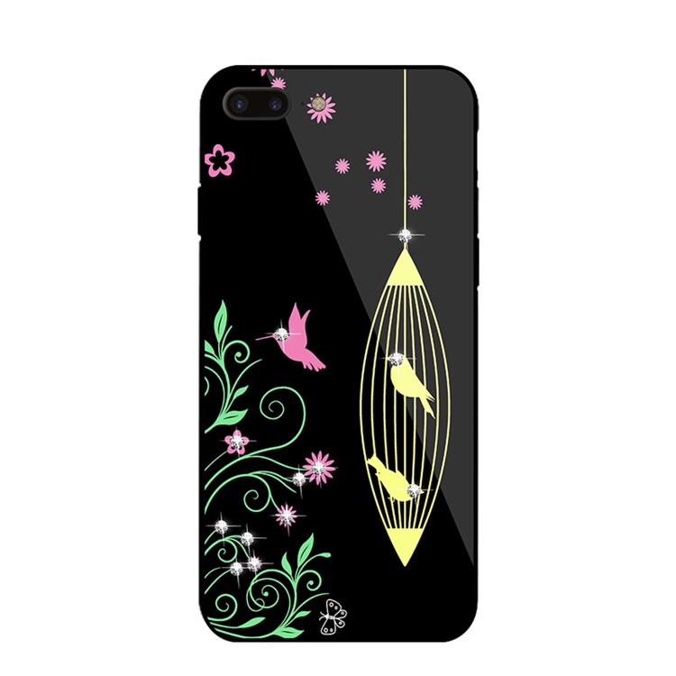 NXE Rhinestone Decor Birds Birdcage Flowers Patterned TPU + PC + Glass Hybrid Case for iPhone 8 Plus / 7 Plus - Yellow-1