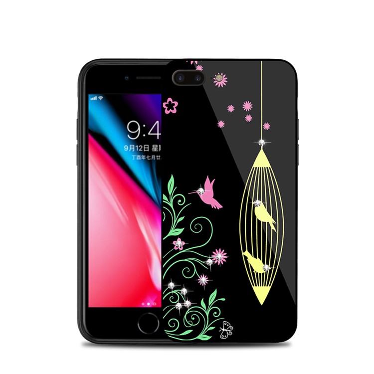 NXE Rhinestone Decor Birds Birdcage Flowers Patterned TPU + PC + Glass Hybrid Case for iPhone 8 Plus / 7 Plus - Yellow-4