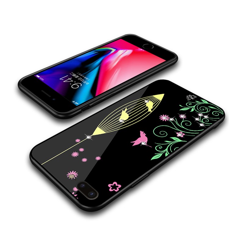 NXE Rhinestone Decor Birds Birdcage Flowers Patterned TPU + PC + Glass Hybrid Case for iPhone 8 Plus / 7 Plus - Yellow-5