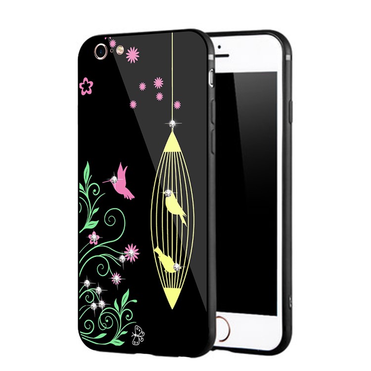 NXE Diamante Birds Birdcage Flowers Patterned TPU + PC + Glass Hybrid Case for iPhone 6s Plus / 6 Plus - Yellow-3